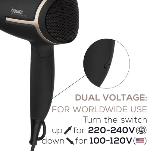 Miniatura 3 de Beurer HC25 - Secador de pelo iónico para viajes con interruptor de voltaje, secador antiencrespamiento de 1600 W, mango plegable, estilizador