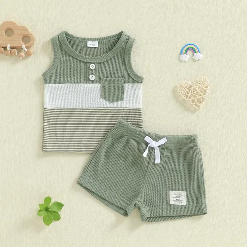 Miniatura 37 de Ropa de bebé niño sin mangas + pantalones cortos con estampado a rayas con bolsillos, 2 piezas de trajes de verano