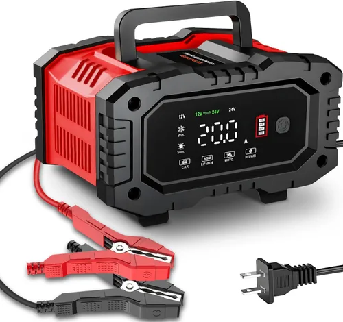 Cargador de Batería de Automóvil 20 Amperios, 12V 24V LiFePO4 Ácido de Plomo Mantenedor de Batería Inteligente Automático, Cargador de Goteo