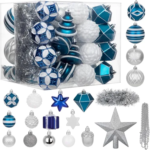 Miniatura 11 de 100 piezas de juego de adornos de Navidad azul y blanco – Kit de bolas de decoración de árbol de Navidad inastillables con estrella de copa