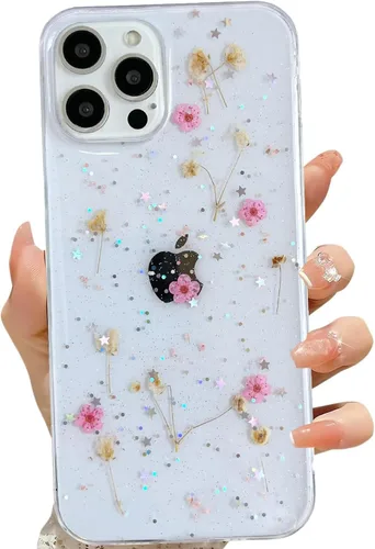 Miniatura 9 de LSEEKA Funda transparente para iPhone 13 Mini/iPhone 12 Mini con diseño de flores reales prensadas, con purpurina, bonito patrón floral blanco, Oro