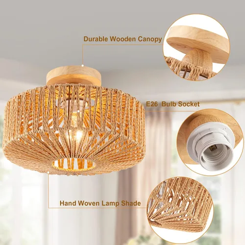 Miniatura 5 de Lámpara de Techo de Ratán Boho - Mini Candelabro de Montaje Empotrado Accesorio de Luz Tejido para Dormitorio, Pasillo, Entrada, Baño, Guardería