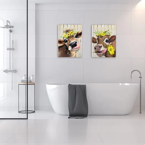 Miniatura 2 de Lienzo decorativo para pared, 2 piezas de vaca campestre con flores, girasol, lienzo, cuadros, rústico, lindo y humorístico, estampado de vaca