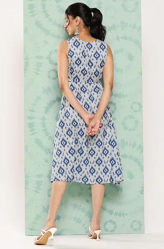 Miniatura 7 de Janasya Vestido de mujer gris crepé Ikat estampado A Line