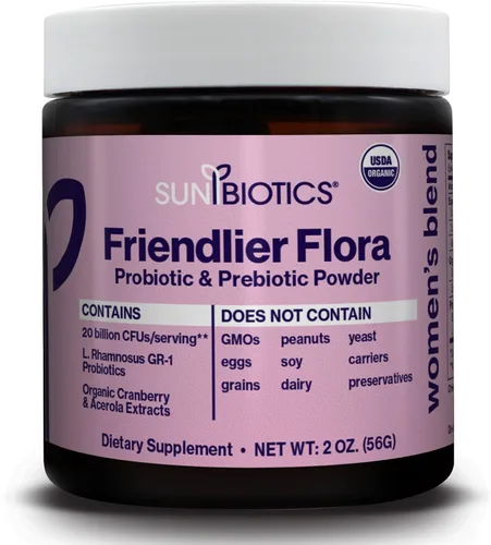 SUNBIOTICS Friendlier Flora - Mezcla para mujer, 20 mil millones de UFC de 6 cepas probióticas, salud digestiva vaginal e inmunitaria diaria para