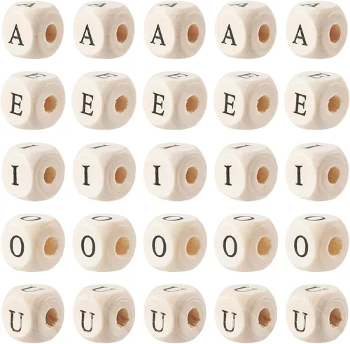Miniatura 8 de KISSITTY 250 cuentas de madera con letras vocales de 0.472 pulgadas, cubo A E I O U inicial del alfabeto con agujero grande, cuentas espaciadoras