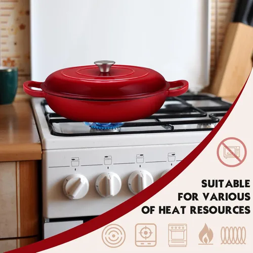 Miniatura 6 de Overmont Horno holandés de hierro fundido esmaltado, olla holandesa de 3.8 cuartos de galón con tapa, sartén poco profunda, cacerola de hierro Rojo