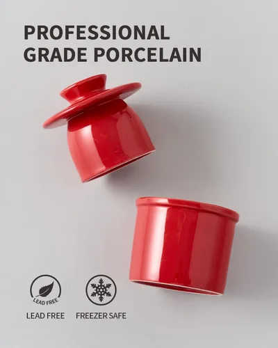 Miniatura 3 de XELA Recipiente de cerámica para mantequilla, plato de mantequilla francesa para mostrador, contenedor de mantequilla con línea de agua para Rojo