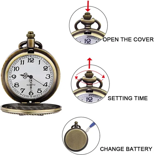 Miniatura 5 de JewelryWe Reloj de bolsillo retro de bronce para hombre, reloj de cuarzo de veteranos del Cuerpo de Marines de los Estados Unidos para Navidad