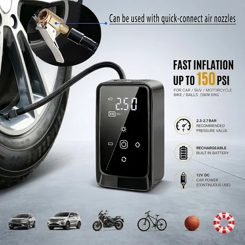 Miniatura 2 de Compresor de aire portátil del inflador de neumáticos, potencia dual (12V DC/recargable) Digital Display Gauge Car Tire air Pump, Battery