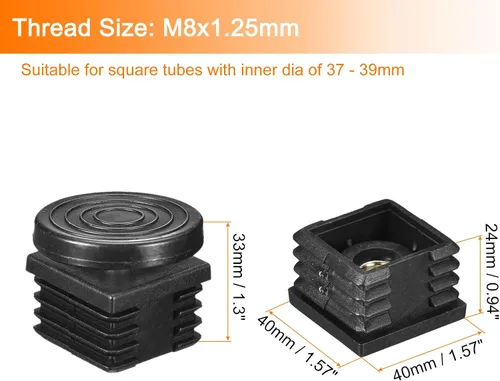 Miniatura 2 de uxcell 4 piezas de insertos para tubos cuadrados con patas niveladoras, para tubo cuadrado de 1.57 x 1.57 pulgadas, rosca M8-0.049 in de plástico