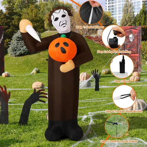 Miniatura 3 de COMIN Asesino de calabazas inflable de Halloween de 6 pies con LED incorporados, decoración de patio para fiestas de vacaciones en interiores