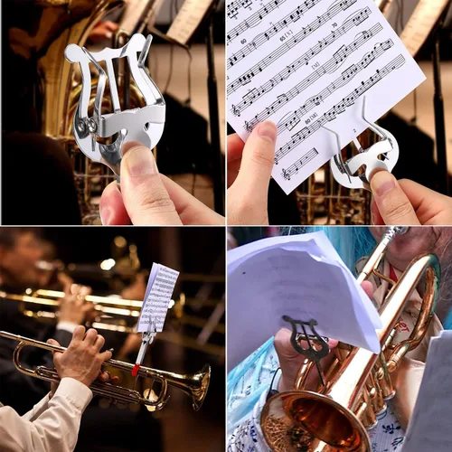 Miniatura 4 de Clip de música de lira de marcha de trompeta chapado para instrumento musical, incluye 4 soportes para lápices, abrazadera de trompeta en lira