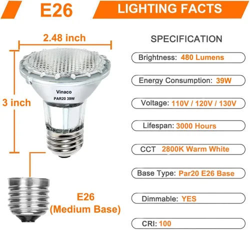 Miniatura 3 de Vinaco Bombilla de inundación PAR20, paquete de 6 focos PAR20 de 39 W 120 V 480 lúmenes (equivalente a 50 W), halógena de larga vida útil 39 W PAR