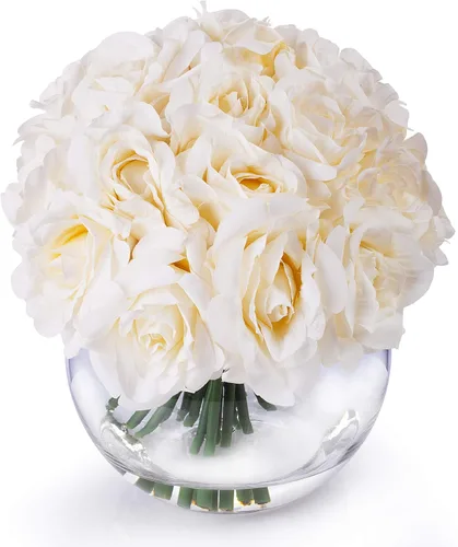 Miniatura 2 de Arreglo floral de rosas abiertas de seda de 21 cabezas en jarrón redondo de vidrio con agua sintética para decoración de centros de mesa de boda