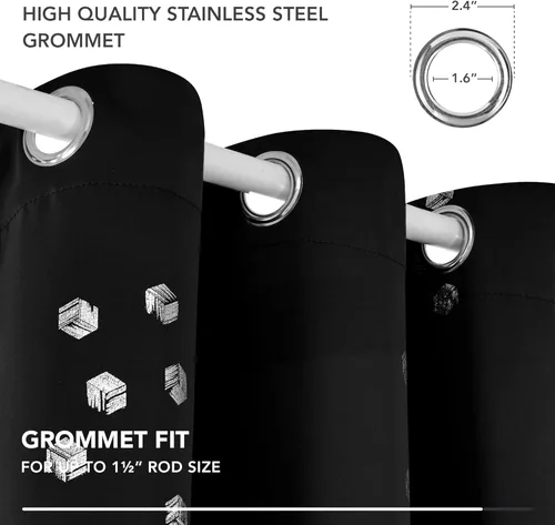 Miniatura 6 de Deconovo Cortinas opacas, cortinas negras con aislamiento térmico con ojales, estampado de lámina cúbica plateada, cortinas de ahorro de energía, 52