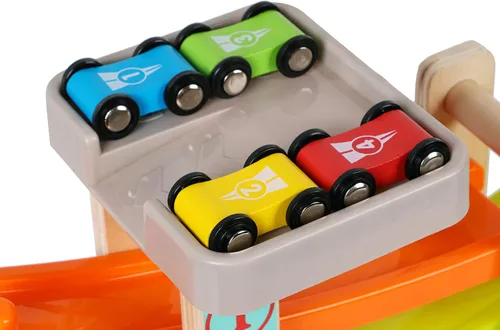 Miniatura 3 de Juguete de pista de carreras de rampa de madera para automóvil, juego de autos para niños, 4 unidades de autos de repuesto, vehículos de pista