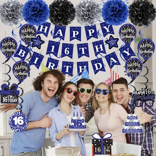 Miniatura 2 de Decoraciones de cumpleaños número 16 para niños y niñas, pancarta azul de feliz cumpleaños número 16, decoración de fiesta de dieciséis cumpleaños