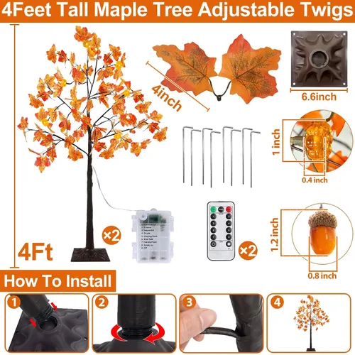 Miniatura 4 de Control remoto y temporizador, decoración de otoño, paquete de 2 unidades, árbol de arce artificial preiluminado de otoño de 4 pies para el hogar