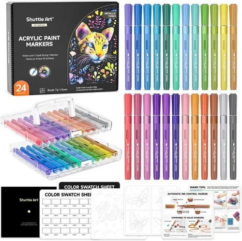 Shuttle Art - Marcadores de pintura acrílica con control automático de tinta, 24 colores metálicos, punta de pincel para pintura de roca, cerámica,