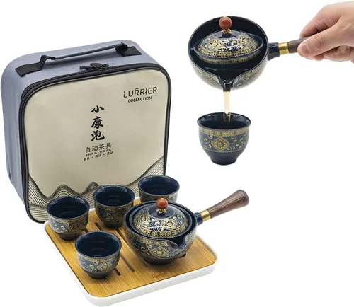 Miniatura 7 de LURRIER Juego de té chino de porcelana Gongfu, juego de tetera portátil con rotación de 360 grados, tetera y infusor, juego todo en uno portátil