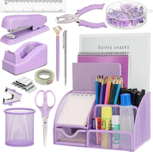 Miniatura 11 de SYMDROMIA Juego de organizador de escritorio de oficina 13 en 1 con engrapadora y dispensador de cinta, soporte para bolígrafos, tijeras, regla