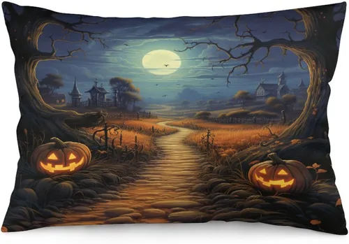 Miniatura 17 de Fundas de almohada frescas de casa embrujada, castillo, luna, bosque medieval, calabaza, fundas de almohada rectangulares con cremallera invisible