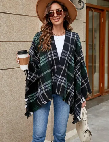 Miniatura 3 de VIMPUNEC - Pashmina estilo bohemio con patrón a cuadros para mujer, con borla.