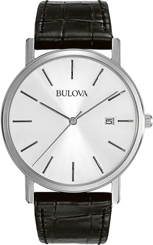 Bulova Reloj clásico de 3 manecillas con calendario de cuarzo y correa de cuero para hombre, hebilla, 1.457 in