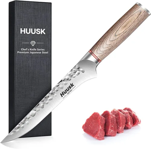 Huusk Cuchillo deshuesador para cortar carne, cuchillo de filete japonés forjado a mano de 6.5 pulgadas para carne, pescado, aves de corral,