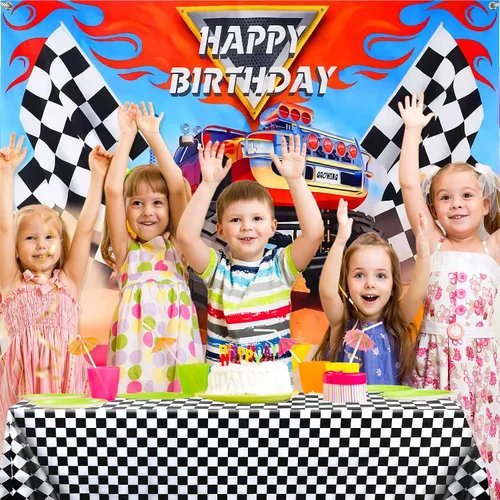 Miniatura 7 de Irenare Los suministros de fiesta de Monster Truck incluyen 1 telón de fondo de camión monstruo, 1 mantel de bandera de plástico a cuadros, telón