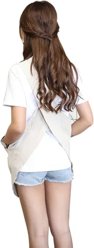 Miniatura 8 de Delantal de diseño acortado, delantal de lino de algodón suave estilo japonés con dos bolsillos laterales, delantal halter cruzado en X, ropa