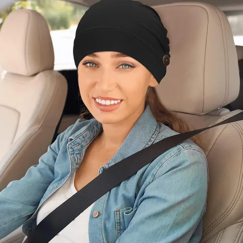 Miniatura 7 de Geyoga Gorras Bouffant con botones, unisex, elástica, turbante con botones para mujer, 3 piezas, Negro, Talla única