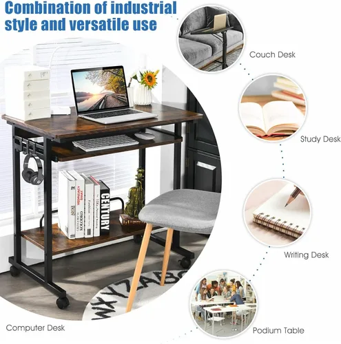 Miniatura 5 de Escritorio para computadora, mesa de estudio, escritorio de PC marrón rústico, carrito extraíble para laptop, estación de trabajo con bandeja