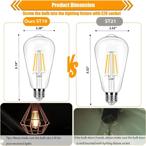 Miniatura 5 de Paquete de 8 Bombillas LED Edison Blanco Suave 2700K Equivalente a 40W, Bombillas LED Vintage Transparentes ST19/ST58 de 4W para Luces de Techo, 90