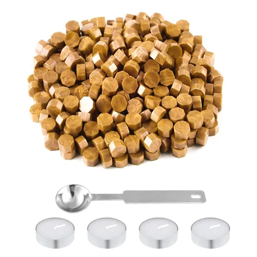 NACHLYNN 600 cuentas de sello de cera dorada con 1 cuchara de fusión y 4 velas de té para tarjetas de felicitación de letras, manualidades de Dorado