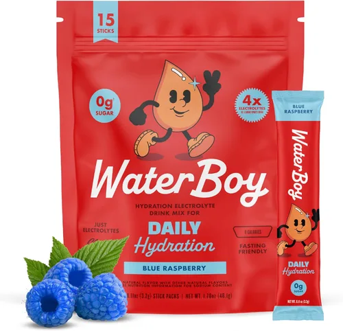 Waterboy - Hidratación diaria, frambuesa azul, mezcla de bebida en polvo de electrolitos sin azúcar - Paquetes de hidratación de 15 ct