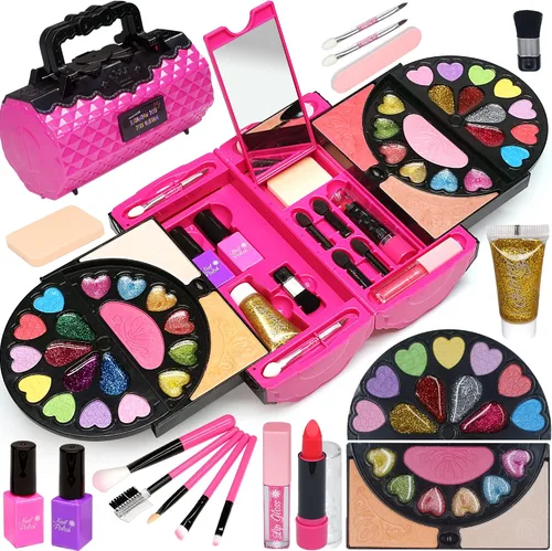Kit de maquillaje infantil para niñas, 59 piezas de maquillaje real y seguro para niñas pequeñas, maquillaje lavable para niñas pequeñas, kit de
