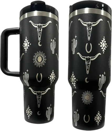 Miniatura 27 de Botella de agua de acero inoxidable de 40 oz taza Longhorn Bottle Bull Tumbler Cow Gift Western Water Bottle Cup (24oz Cream(90)-Longhorn (D35))
