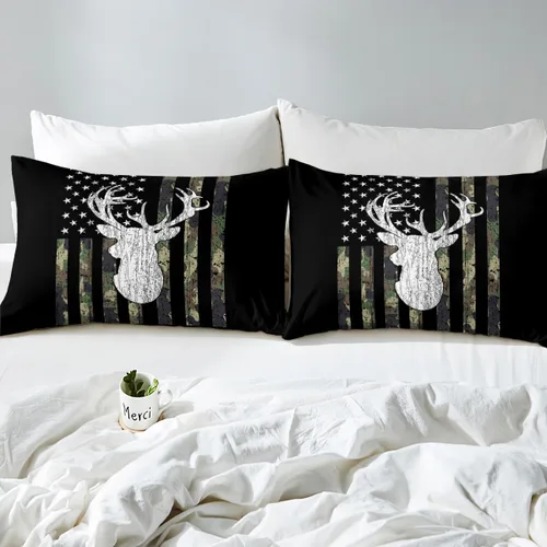 Miniatura 5 de Juego de ropa de cama con estampado de bandera americana y ciervo para cazadores, sábanas camufladas militares para niños, adolescentes y hombres