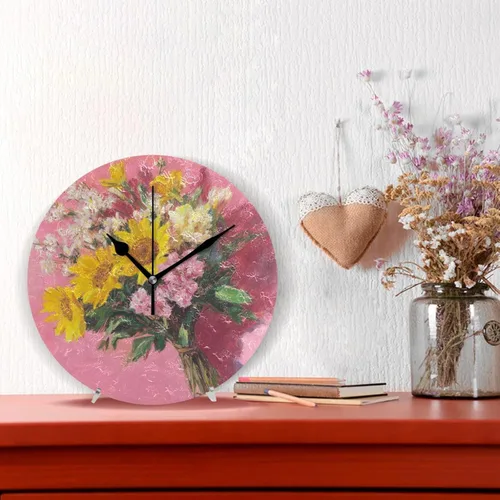 Miniatura 2 de Retro Flowers with Pink Oil Painting Feel 10 Inch Round Wall Mount Clock Silent Unique for Farmhouse Living Room Living Room reloj de pared