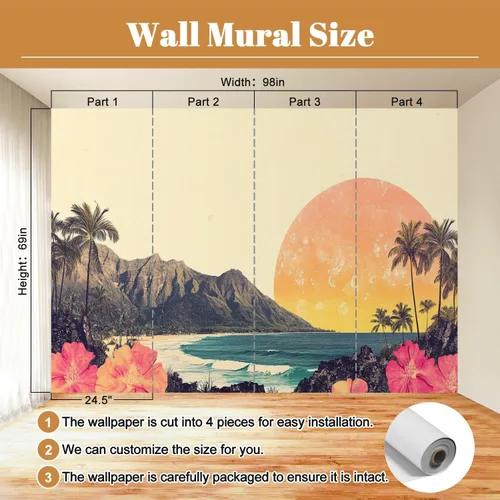Miniatura 2 de Hawaii - Mural de pared retro exótico exótico tropical con olas de playa, paisaje, vintage, despegar y pegar, autoadhesivo, extraíble, adhesivo