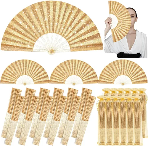 Miniatura 12 de Vercraft 24 abanicos de mano plegables grandes con purpurina para baile de línea, fanáticos de baile con bolsa, aplaudiendo, raves, fanáticos a Rosa