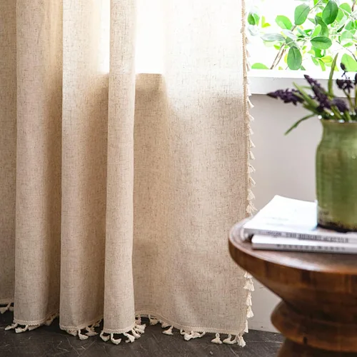 Miniatura 37 de Deeprove Cortinas bohemias para dormitorio, rayas huecas de ganchillo crema y estampado floral, tela de lino de algodón, con borlas beige bohemias