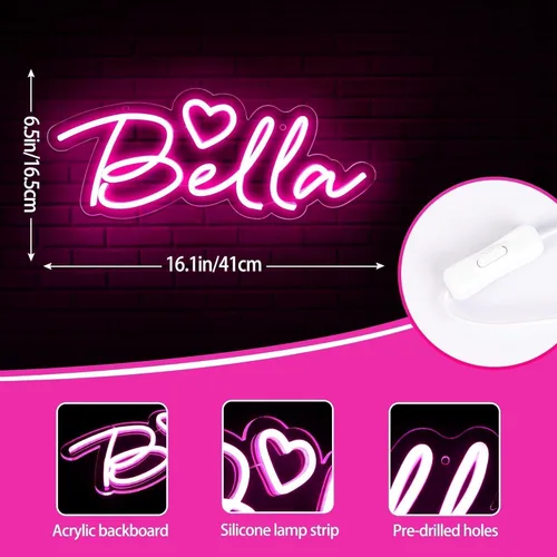 Miniatura 3 de Letrero de neón grande con nombre de Bella para decoración de pared, luz LED de neón para dormitorio de niños, decoración de fiesta de cumpleaños