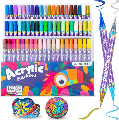 JR.WHITE Marcadores acrílicos de 120 colores para libros de colorear que no se corren: juego de 60 bolígrafos de pintura de doble punta de pincel,