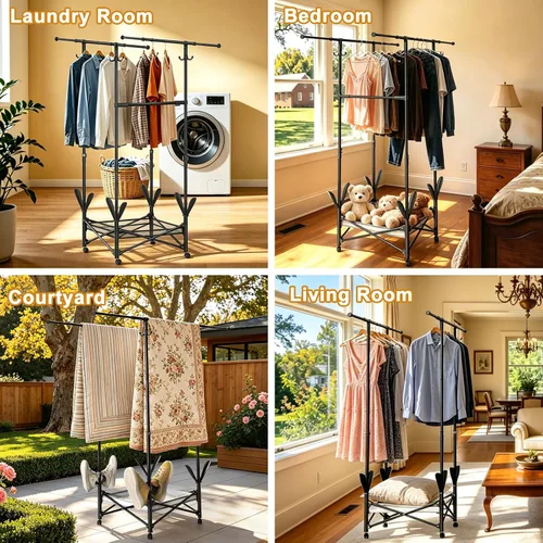 Miniatura 9 de Tendedero portátil plegable para ropa – Varillas ajustables dobles extensibles (33.1 a 56.7 pulgadas) – Diseño fácil de no montar que ahorra espacio