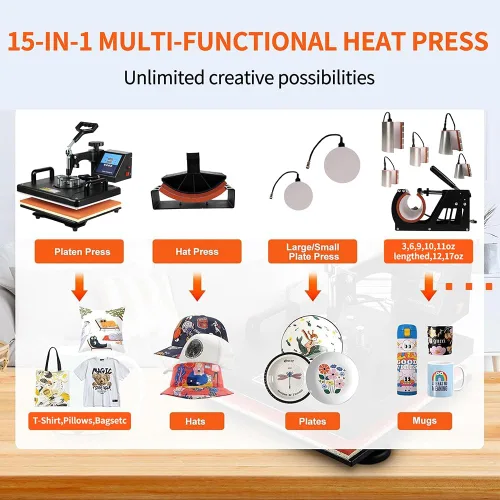 Miniatura 3 de Máquina de prensa de calor 15 en 1 mejorada para camisetas, sombreros, tazas, bolígrafos y más prensa de calor de 12 x 15 pulgadas, rotación de 360