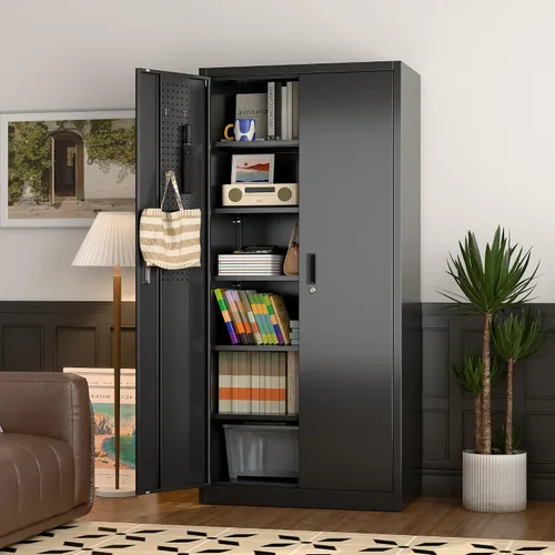 Miniatura 9 de 71" Black Lockable Metal Storage Cabinet, Garage Steel Cabinet with 5 Adjustable Shelves, 2 Locking Doors, Tool & File Organizer for Home, Office