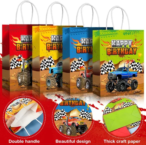 Miniatura 3 de Pajean 16 bolsas de regalo de fiesta de camiones de monstruos, camiones de carreras, regalo de papel, bolsas de dulces para suministros temáticos